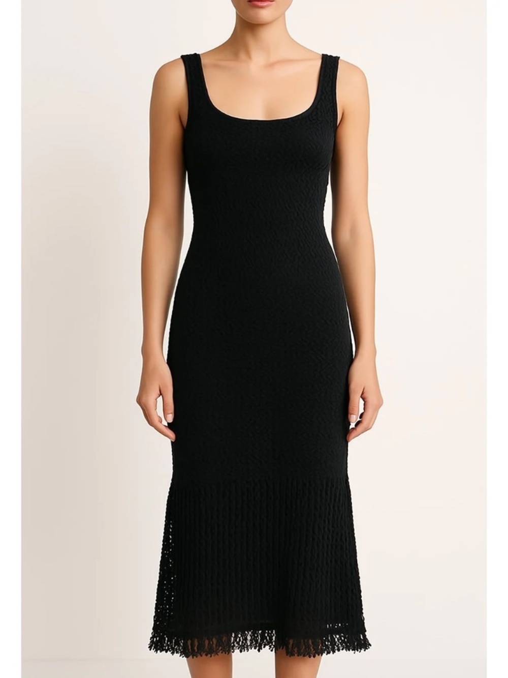 House of Harlow 1960 Knit Crochet Fringe Hem Midi Dress in black - Size Medium